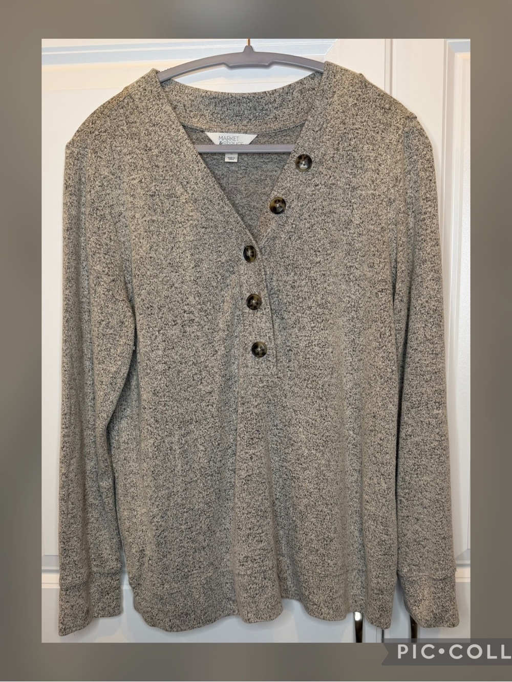 Market & Spruce Marled Knit Henley Top Large Gray Long Sleeve Soft Stretch